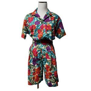 80s - 90s Cristin Stevens button down top and shorts set . size Large . made in
